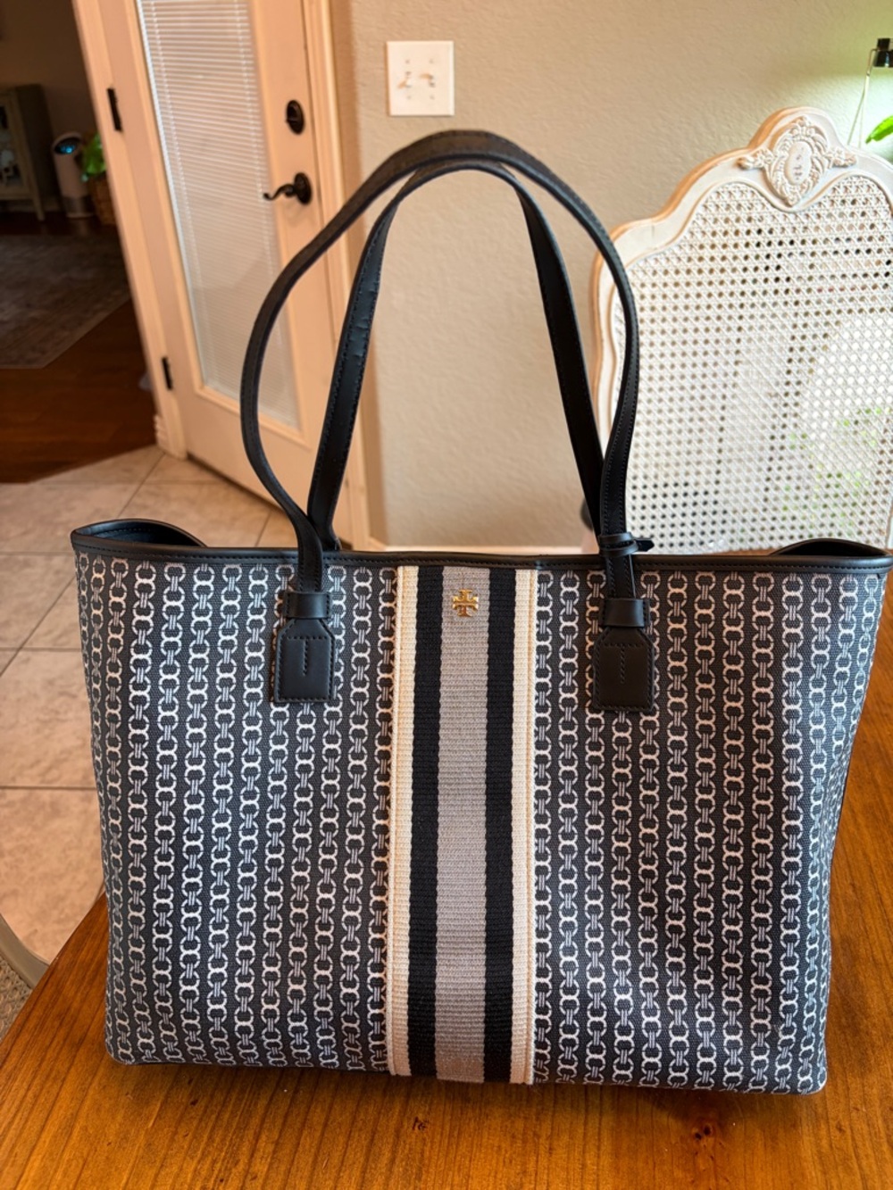 Tory Burch Black and White Patterned Stripe Tote